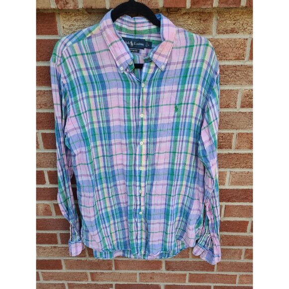 Ralph Lauren Linen Madres Plaid Shirt Men's Size Large Custom Fit Button Up - Picture 1 of 7